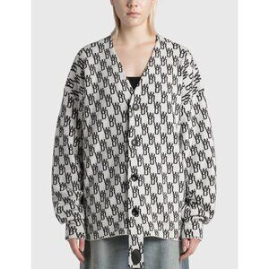 WE11DONE WD1 White Black Logo Wool Cashmere Jacquard Cardigan Sweater, Size S